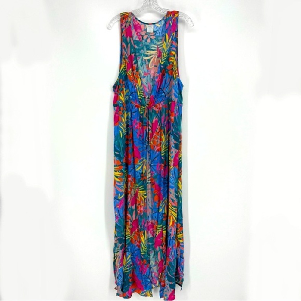 Kona Sol NWOT Tropical Floral Beach Swim Cover Up Blue Pink Tie Front Size Large